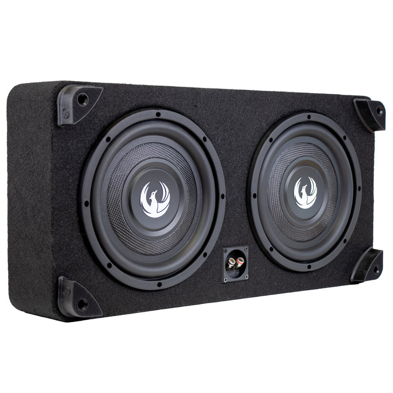 Black subwoofer enclosure with two speakers on a white background