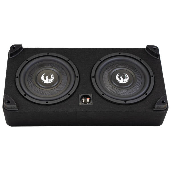 Black subwoofer enclosure with two speakers on a white background