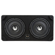 Black double-subwoofer enclosure with brand logo on a white background