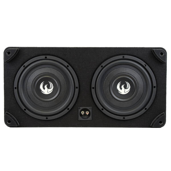 Black double-subwoofer enclosure with brand logo on a white background