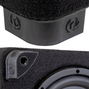 Close-up of a black car audio subwoofer enclosure with brand logo on a white background