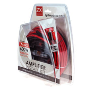 Amplifier install kit with red and black cables in clear packaging on a white background