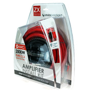 Amplifier install kit with red and black cables in clear packaging on a white background
