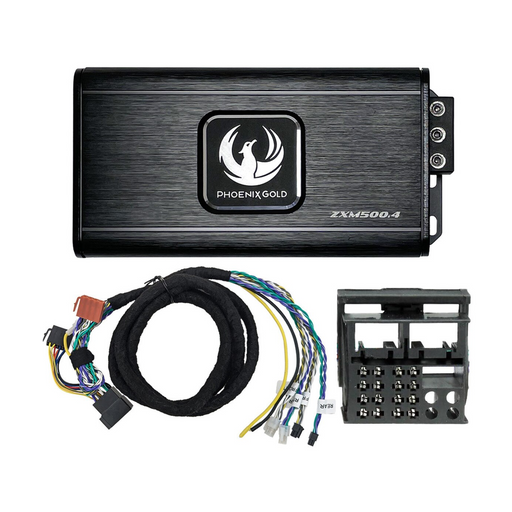 Phoenix Gold audio amplifier with wiring harness and mounting bracket on a white background