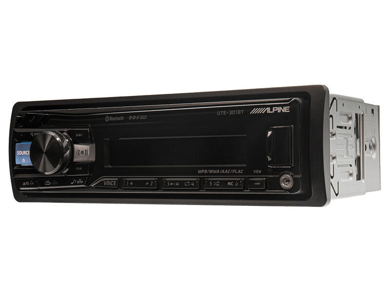 Alpine UTE-301BT 1-DIN mechless digital media car stereo with Bluetooth 5.2, USB and AUX connectivity.