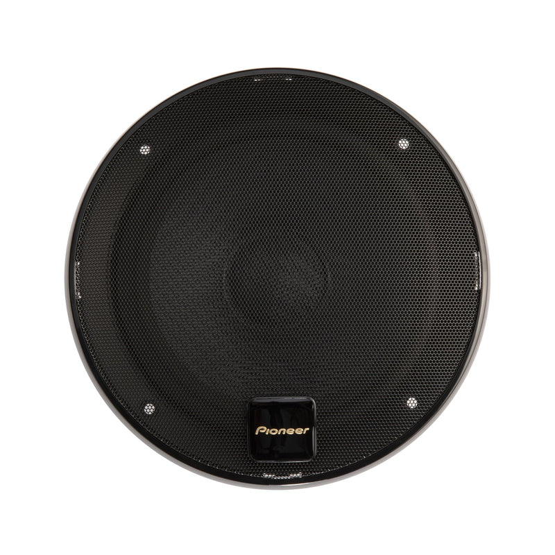 Round black speaker with Pioneer logo on a white background