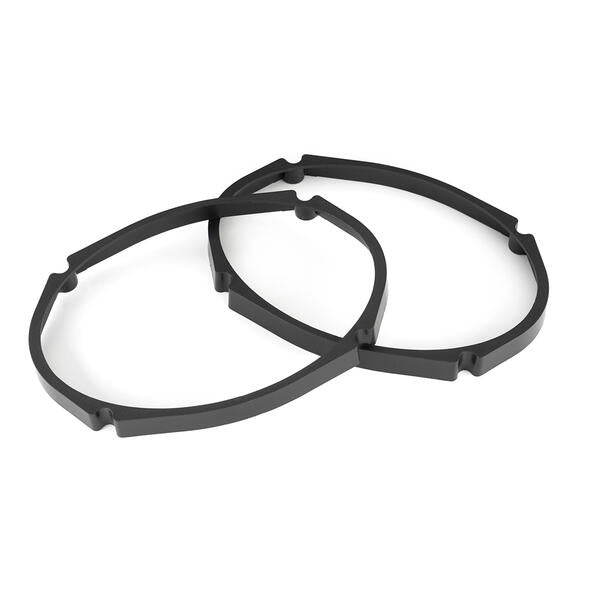 Two black metal rings on a white background