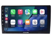 Car multimedia system with touchscreen display showing app icons on a white background