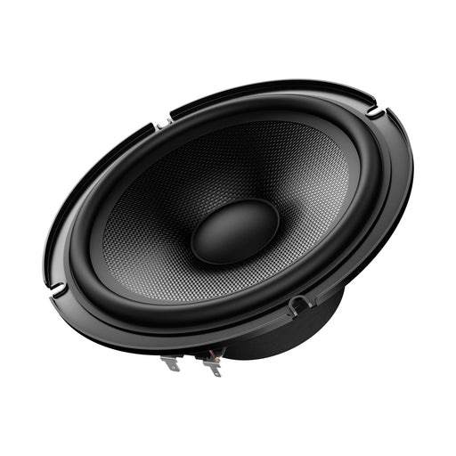 Black speaker driver on a white background