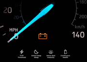 Car dashboard display with speedometer, battery icon, and additional indicators on a dark background.
