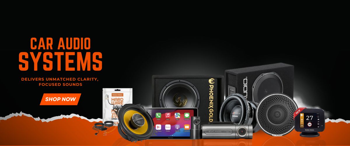 Car audio system components with branding on a black and orange background