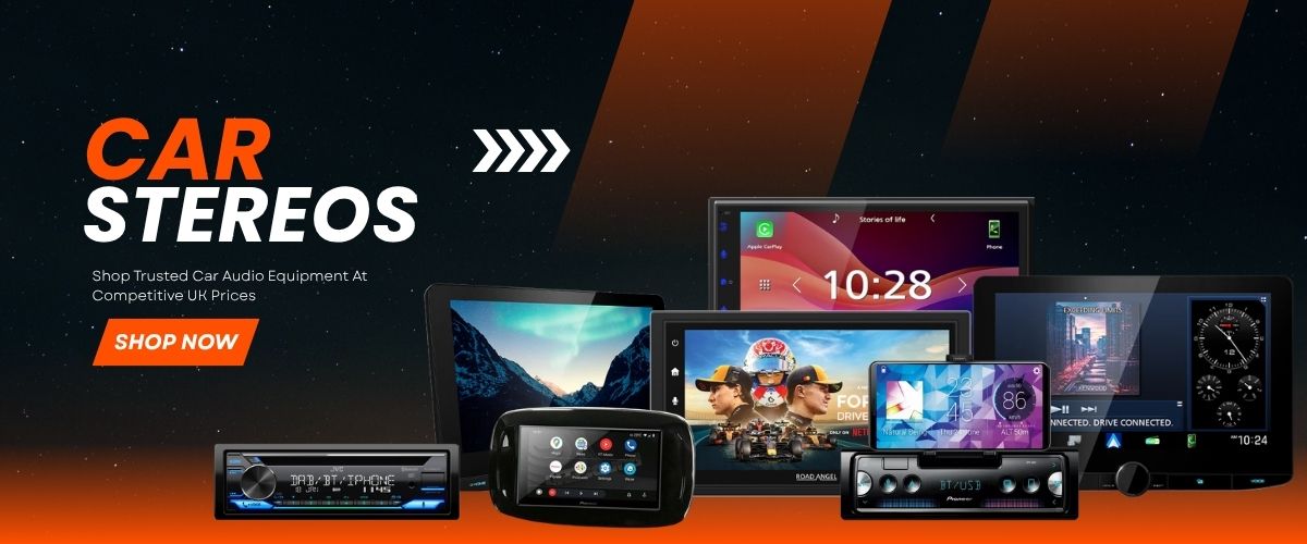 Car stereos and related equipment displayed on a dark background with promotional text.