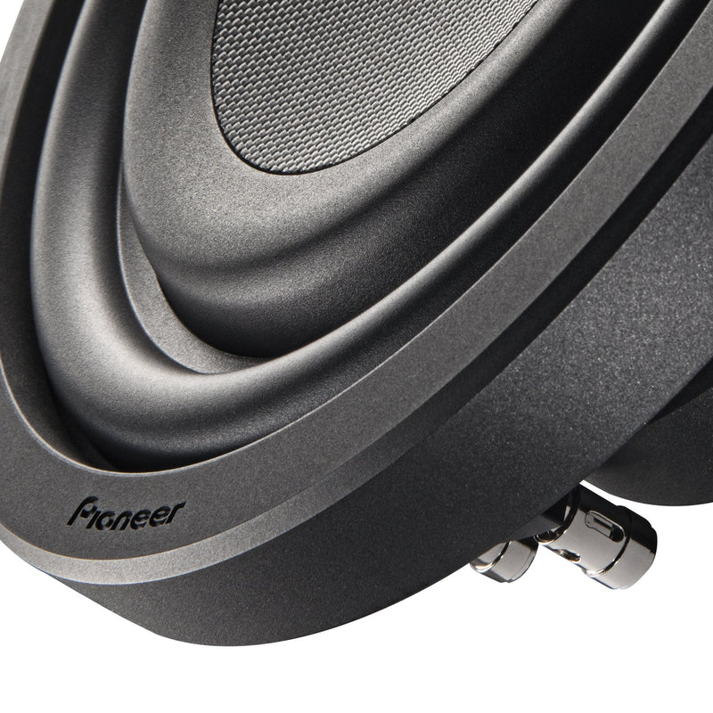 Close-up of a Pioneer car subwoofer on a white background