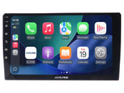 Car multimedia system with touchscreen display showing app icons on a white background