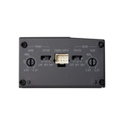 The rear panel of a black electronic device, likely an audio amplifier or receiver, featuring two rotary gain knobs, switches for LPF and HPF, and a central multi-pin signal input connector.