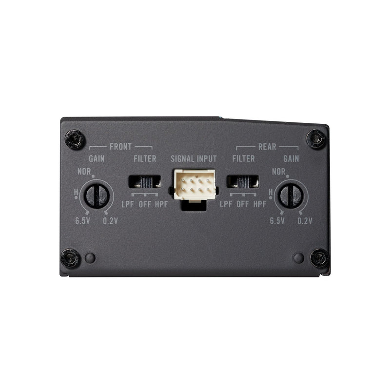 The rear panel of a black electronic device, likely an audio amplifier or receiver, featuring two rotary gain knobs, switches for LPF and HPF, and a central multi-pin signal input connector.