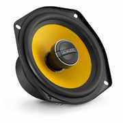JL Audio speaker with yellow surround on a white background