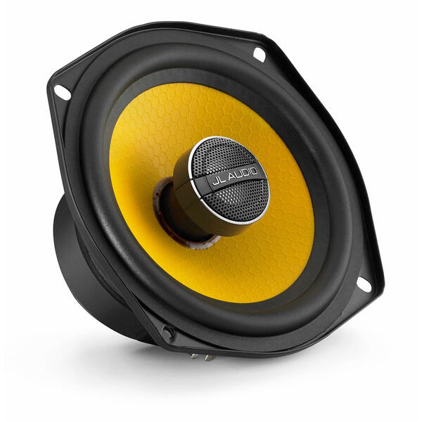 JL Audio speaker with yellow surround on a white background