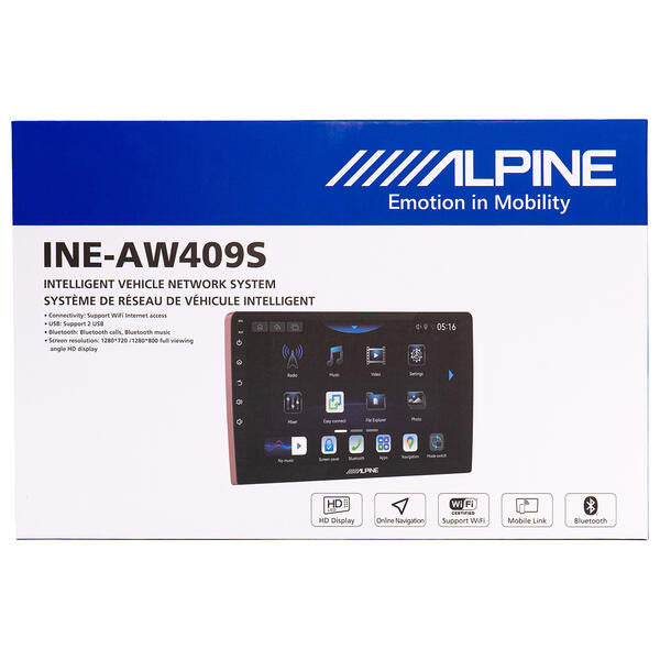 Alpine INE-AW409S vehicle network system packaging on a white background