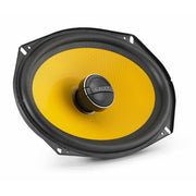 Car speaker with yellow cone and black frame on a white background