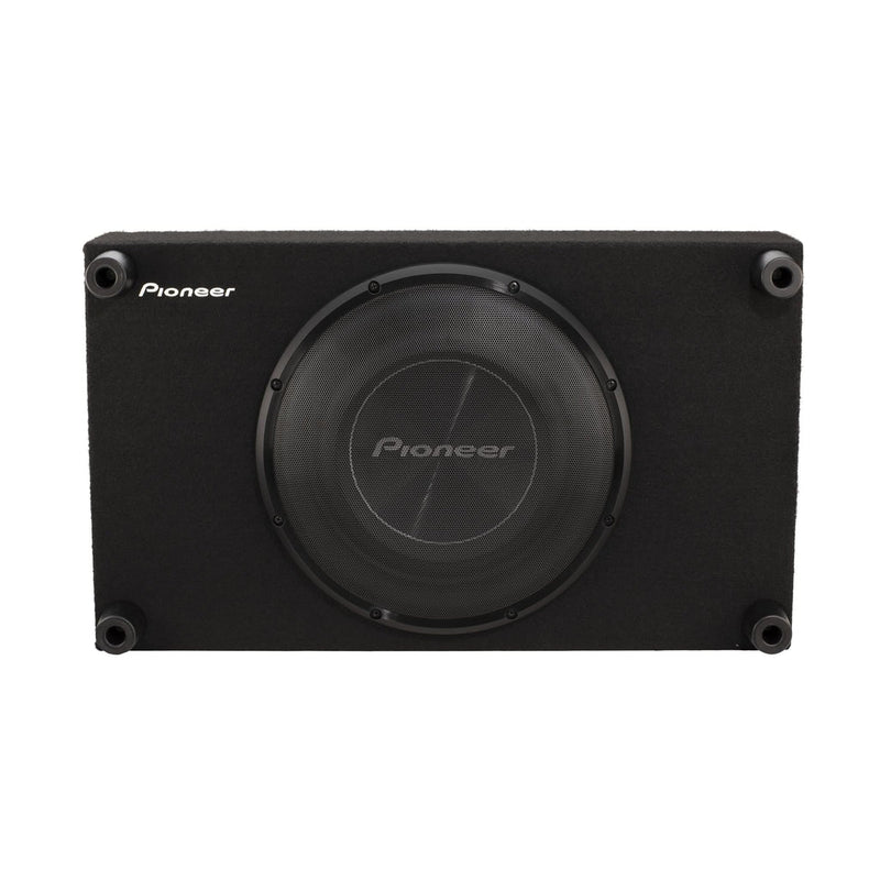 Pioneer TS-A3000LB 12-inch A-Series preloaded shallow subwoofer enclosure with 400W RMS power handling, mesh grille and compact design.
