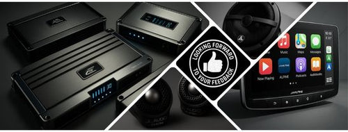 "Customer feedback banner showcasing reviews and ratings for Car Audio Discount, highlighting customer satisfaction, trusted service, and quality car audio products."