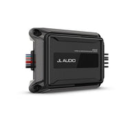 JL Audio M2000BT car audio amplifier in black, featuring a front label with the JL AUDIO logo and multi-colored wiring connectors on the side, shown on a white background.