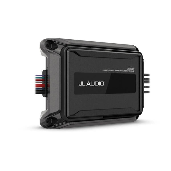 JL Audio M2000BT car audio amplifier in black, featuring a front label with the JL AUDIO logo and multi-colored wiring connectors on the side, shown on a white background.