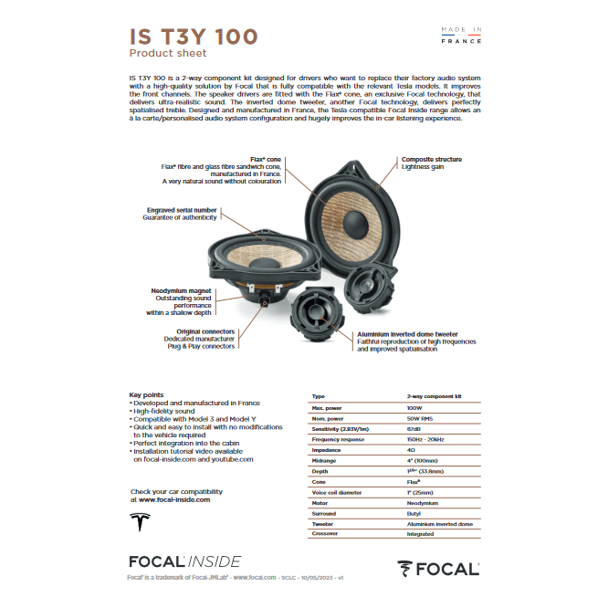 Focal  IST3Y100 2-Way Component Speaker Upgrade Kit for Tesla Model 3 and Model Y