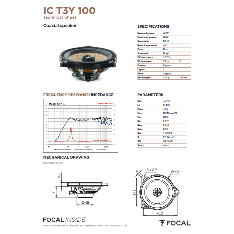 Focal ICT3Y100 2-Way Coaxial Speaker Upgrade Kit for Tesla Model 3 and Model Y