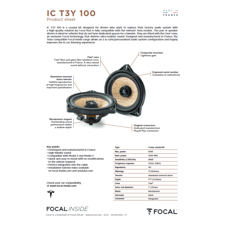 Focal ICT3Y100 2-Way Coaxial Speaker Upgrade Kit for Tesla Model 3 and Model Y