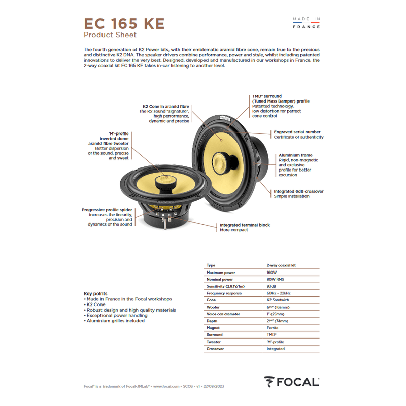Focal EC165KE ELITE EVO K2 Power 6.5" Coaxial Speakers 160W