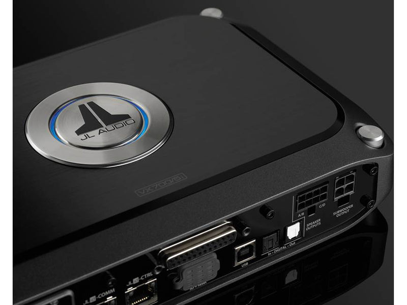 JL Audio amplifier with visible branding on a dark background