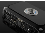 Black electronic device with multiple ports on a dark background