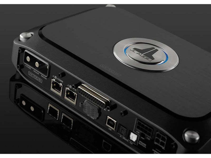 Black electronic device with multiple ports on a dark background