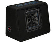 Kicker car subwoofer in a black enclosure on a white background