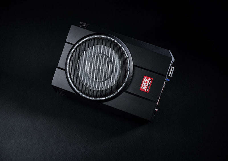 Car subwoofer with brand logo on a black background