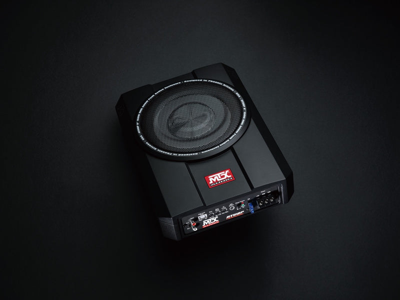 Black subwoofer with visible brand logo on a dark background