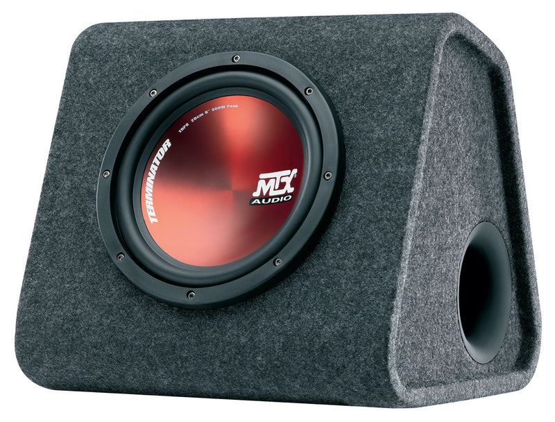 Car subwoofer in a enclosure with MTX Audio branding on a white background