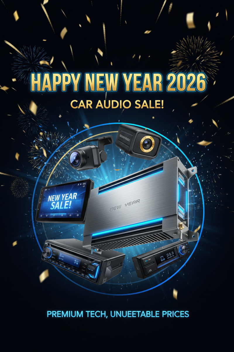 generate a banner for mobile preview of car audio products like amplifier, headunits, stereos, dash cam, speed detectors for new year sale ..image should be eye catching, applieing and attractive...design should be good and unique...happy new year 2026 text written on image 