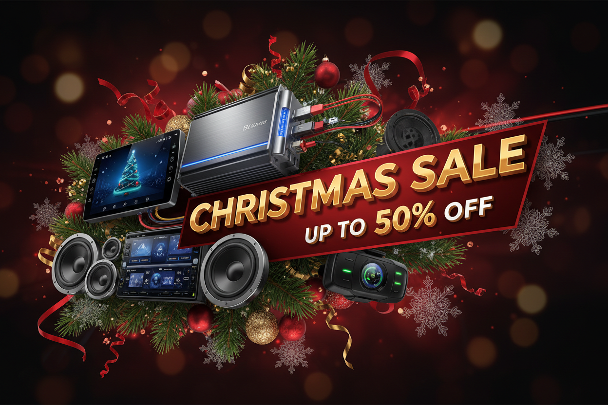 generate a banner of car audio products like amplifier, headunits, stereos, dash cam, speed detectors for christmas  sale upto 50%off..image should be eye catching, applieing and attractive...design should be good and unique.size should be 1920 × 1080 px..look professional
