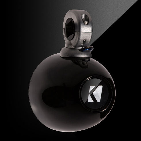 A black KICKER brand marine tower enclosure designed to house a 4-inch speaker, featuring a mounting bracket and acoustic poly-fill.