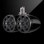 Black and silver marine speaker system on a black background