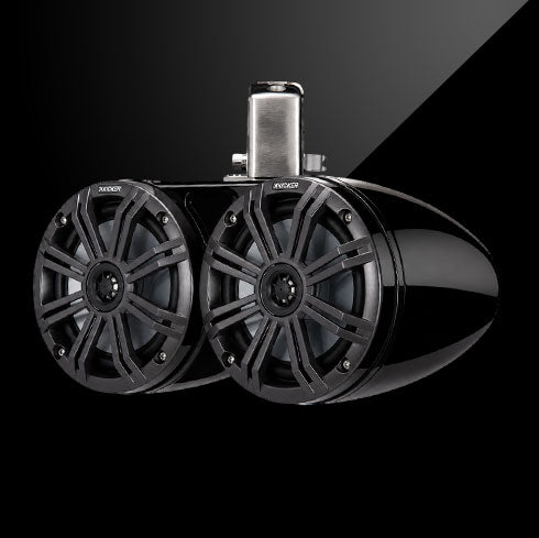 Black and silver marine speaker system on a black background