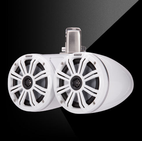 Pair of white marine speakers on a black background