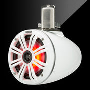 White marine speaker with red interior on a black background