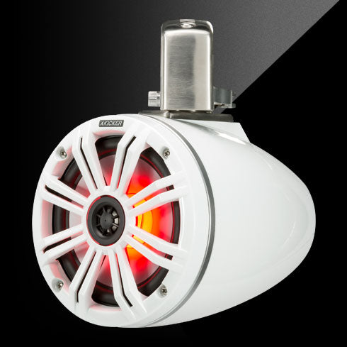 White marine speaker with red interior on a black background