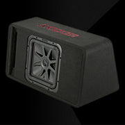 Car subwoofer enclosure with visible brand logo on a black background