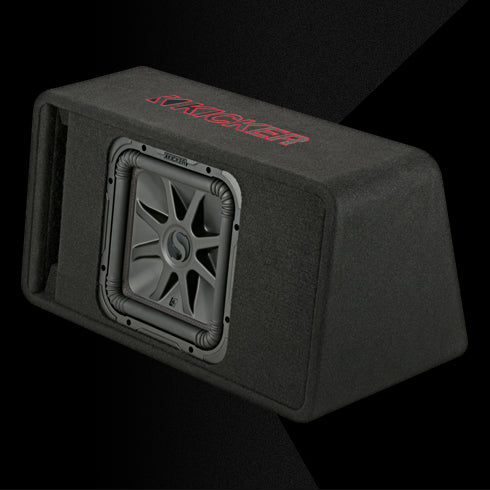 Car subwoofer enclosure with visible brand logo on a black background