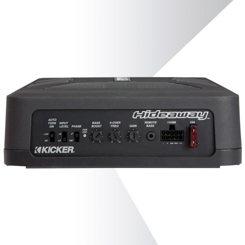 Kicker Hideaway audio amplifier on a white background